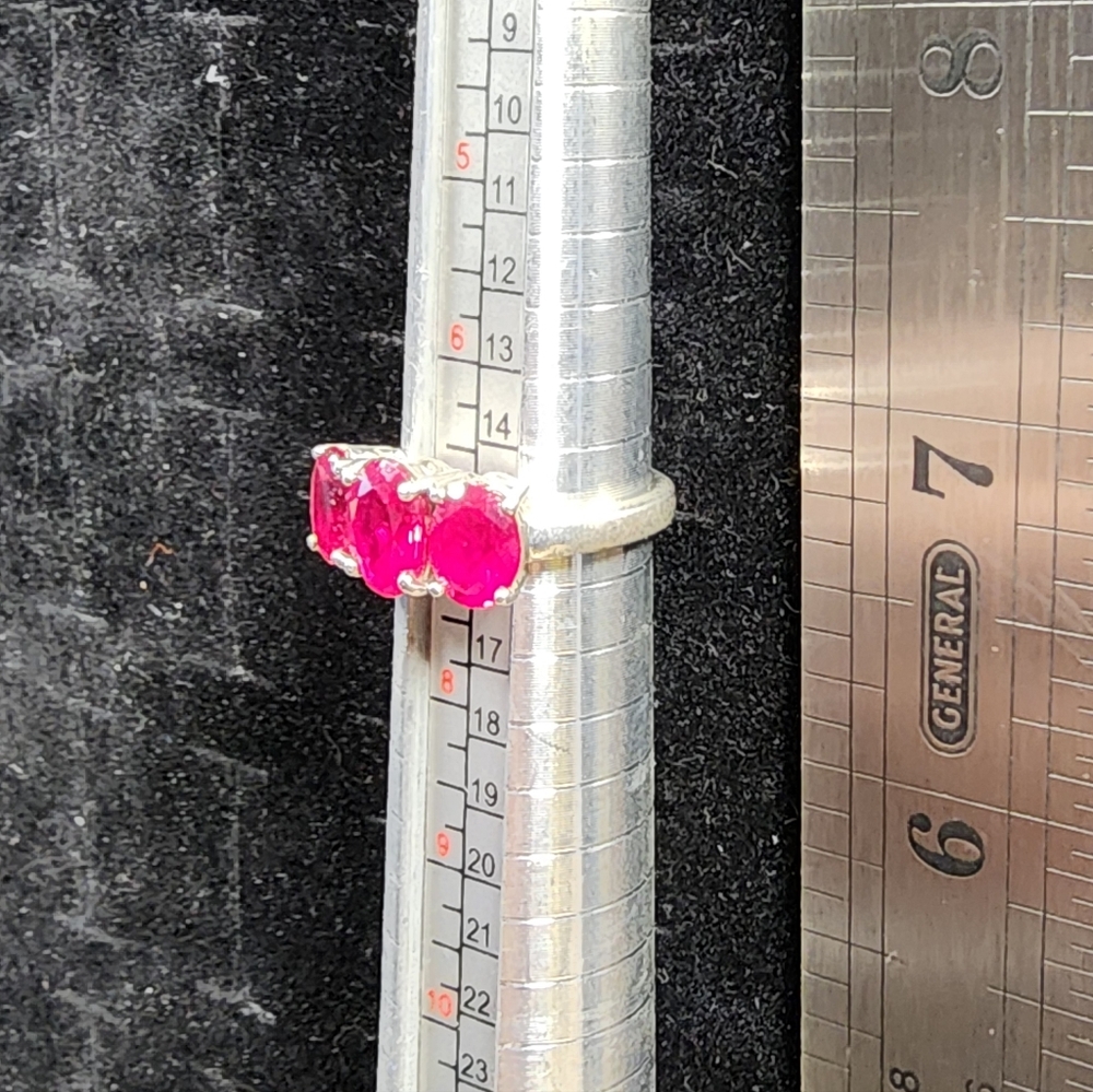 Triple Ruby/Sterling Silver Ring Marked/Tested+ S… - image 3